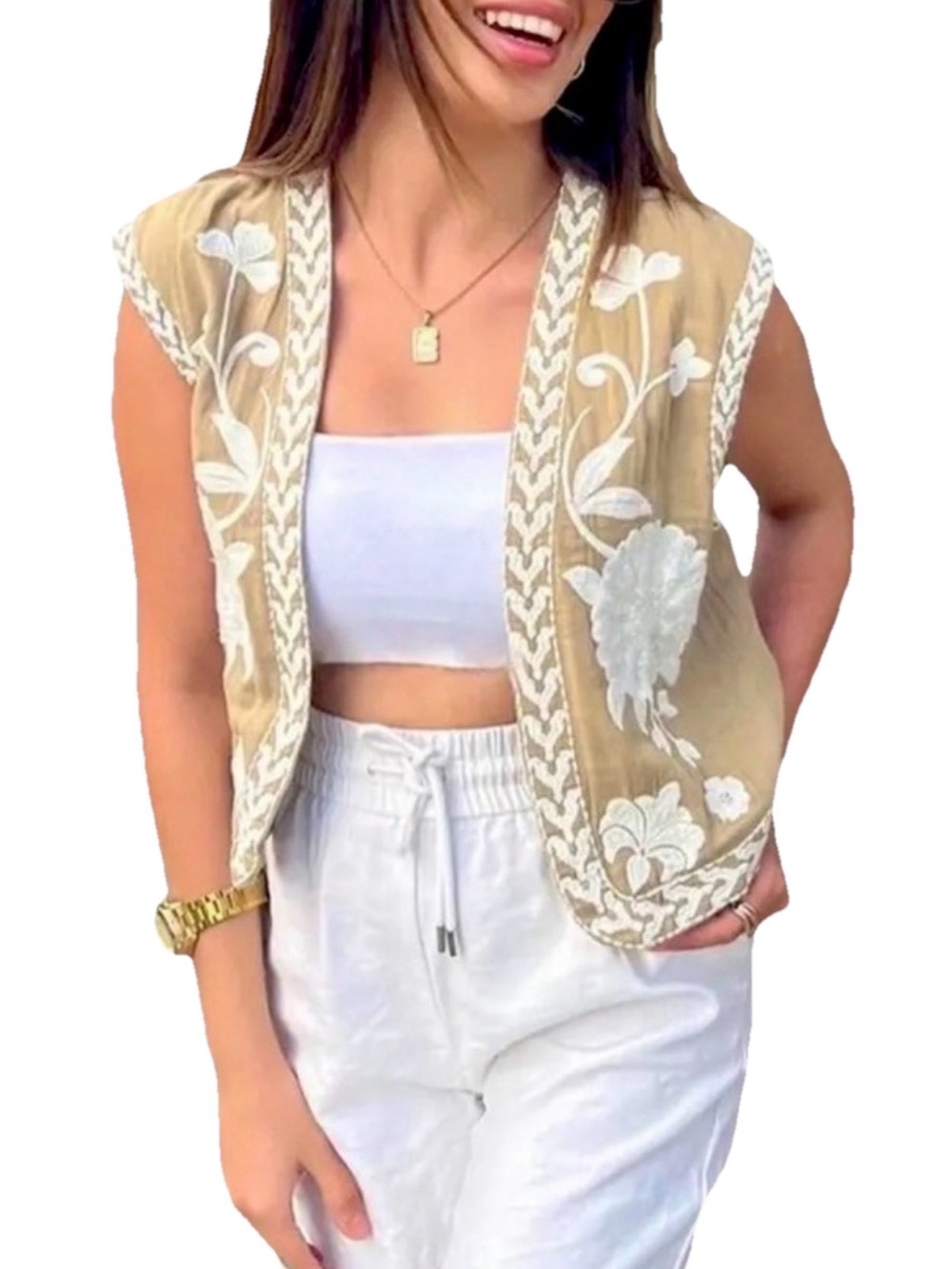 Zara Khaki Beige Lightweight embroidered boho Vest